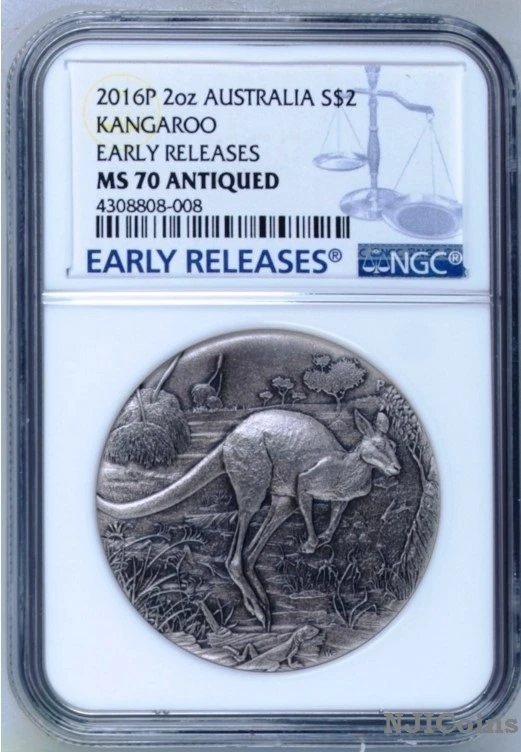 2016 P AUSTRALIA KANGAROO HIGH RELIEF ANTIQUED 2 Oz Silver $2 COIN NGC MS70 ER - Image 1 of 3