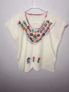 Womens Embroidered Mexican Oaxacan Boho Top Sz M White Bright Floral - Picture 1 of 8