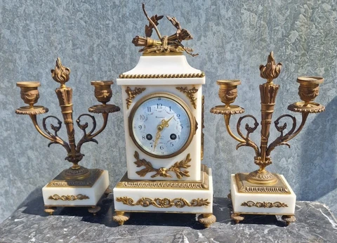 French Bronze And Marble Clock Pendulum With Pair of Candelabra Louis XVI Style Cover