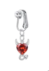 Clip On Belly Button Fake Navel Piercing Devils Red Heart - Picture 1 of 2