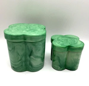 Set of 2 VTG Green Marbled Catalin Bakelite Nesting Clover Vanity Boxes w Velvet - Picture 1 of 9