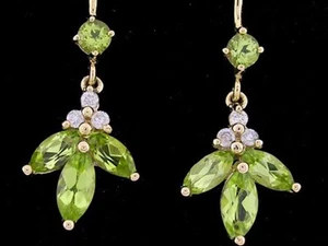 E084- Genuine 9ct Yellow Gold Natural Diamond & Peridot Drop Dangle Earrings - Picture 1 of 4