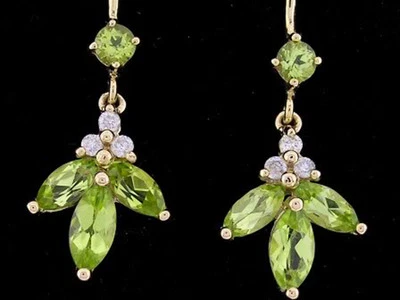 E084- Genuine 9ct Yellow Gold Natural Diamond & Peridot Drop Dangle Earrings - Image 1 of 4