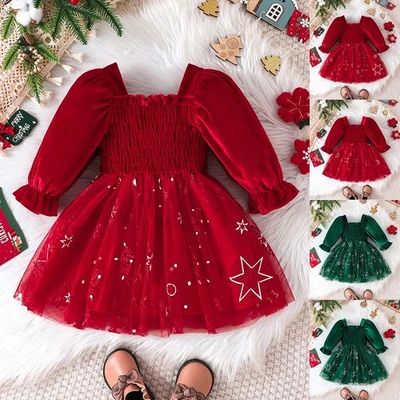Kids Toddler Baby Girl Christmas Velvet Dress Xmas Lace Princess Mesh Clothes - Image 1 of 4