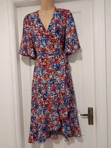DEBUT FLORAL WRAP FRONT FLUTTER SLEEVE FRILL HEM TEA DRESS - Size 10-12 - Picture 1 of 9