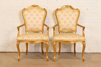 Karges French Provincial Louis XV Carved Walnut and Gold Gilt Armchairs - Image 1 of 4