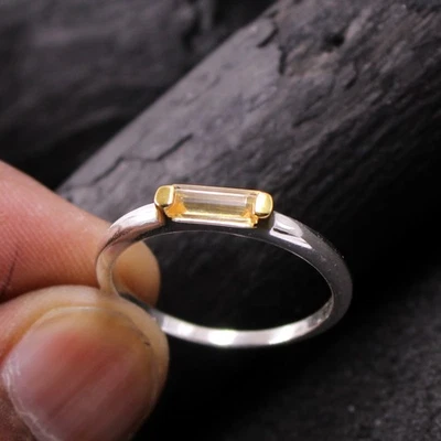 Autentico Citrino Gemma Argento 925 Anelli Baguette Gioielli Bicolore KR4287 - Immagine 1 di 4