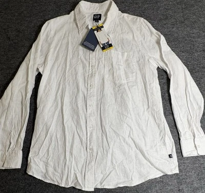 Gap Linen Blend Size Med Solid White Button Down Long Slv Shirt Blouse Beach NWT - Image 1 of 4