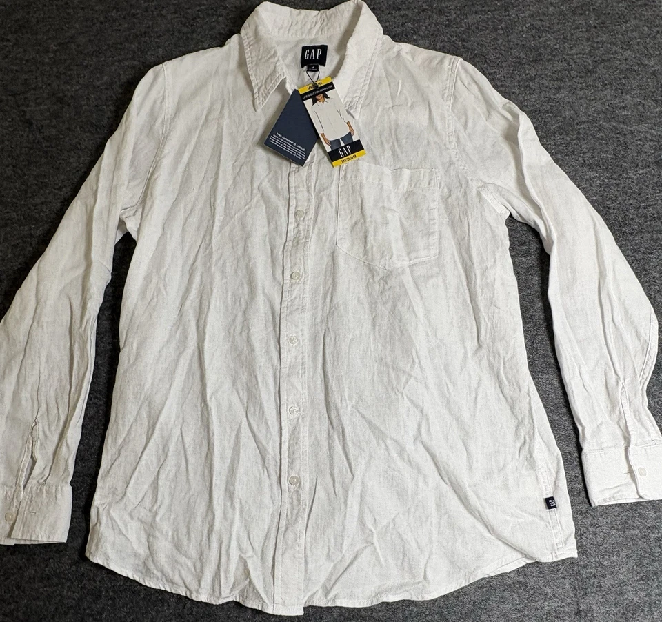 Gap Linen Blend Medium Solid White Button Down Long Slv Shirt Blouse Beach