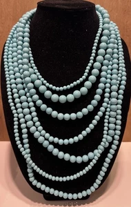 Vtg Multistrand 7 Aqua Blue Beaded Statement Necklace Bold - Picture 1 of 6