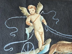 Vintage WWII Era Signed Gouache Painting Pompeii Art Italy Cherub Deer Chariot - Picture 1 of 20