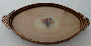 Antique E. & J.B Ormolu Oval Art Deco Dainty Footed Vanity Tray with Lace Flower - Picture 1 of 6