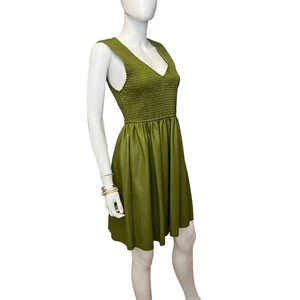 En Saison Remy Green Fall Faux Leather Smocked Fit & Flare Dress, M - Picture 1 of 6