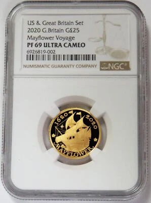 2020 GOLD US & GREAT BRITAIN MAYFLOWER VOYAGE 1/4oz 25 POUNDS NGC PF 69 UC - Image 1 of 2