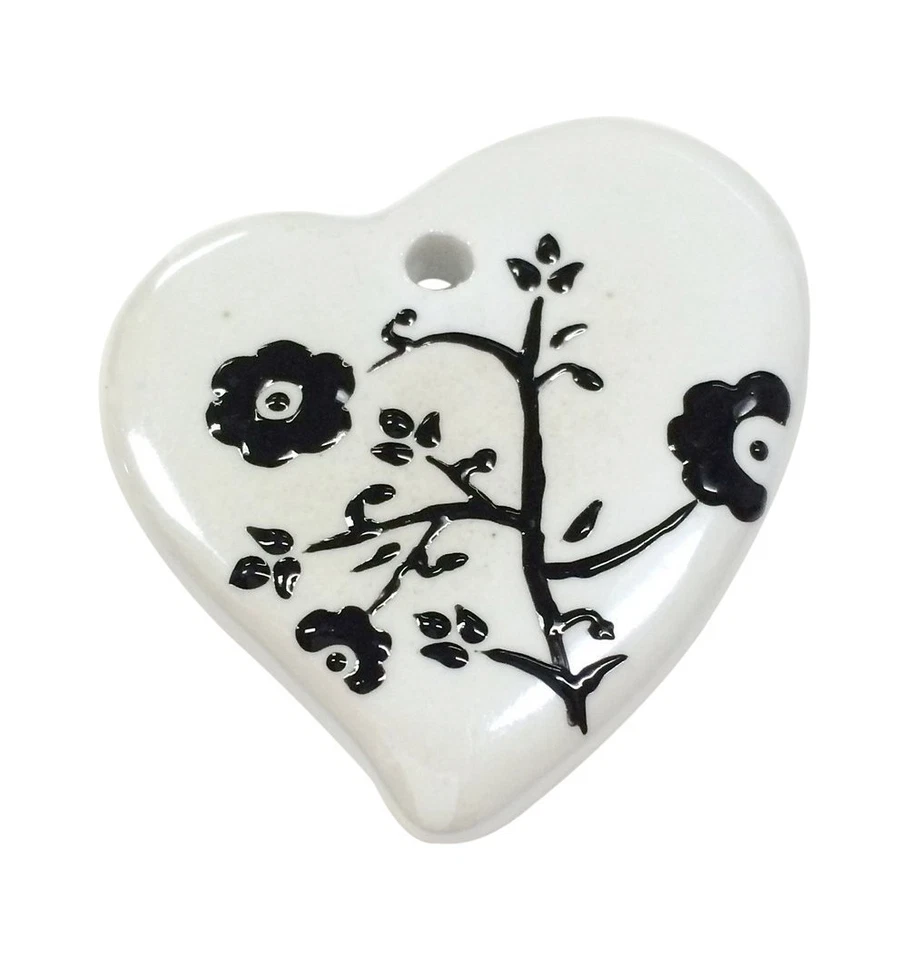 Flower Pendant Black and White Heart Ceramic Pendant 1.70" Pendant for Jewelry  - Image 1 of 1