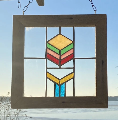Framed Stained Glass Window Mission Style Beige/Green/Pink/Ref/Yellow Design Cover