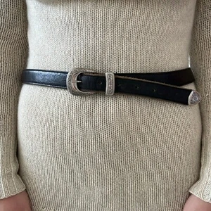 Vintage 1990s Womens Black Leather Western Silver Buckle Skinny Waist Belt Sz L - Picture 1 of 3