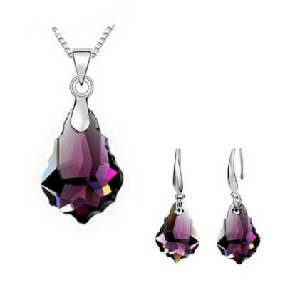 Bonito Nuevo Conjunto de Collar y Pendientes Colgantes de Cristal Festoneado Púrpura Plateado Foto 1 de 4