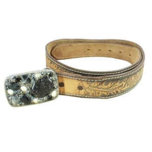 Cinturón de cuero con hebilla artesanal de material mixto Western Tooled - Imagen 1 de 3
