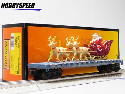 MTH RAILKING NORTH POLE SANTA SLEIGH & REINDEER (BLUE) O GAUGE flat 30-76920 NEW - Image 1 of 4