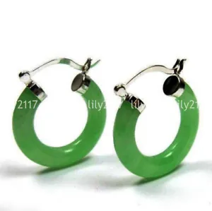 New Pair Natural Green Jade 925 Sterling Silver Hook Hoop Dangle Earrings AAA