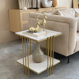 Double Tier Marble Sofa End Table Bedside Tables Storage Nesting Table Furniture - Picture 1 of 12