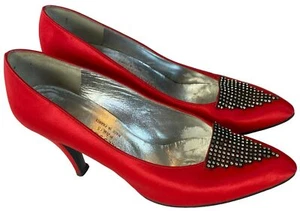Vintage Charles Jourdan Shoes Heels Leather Red Satin Rhinestone Size 9 Paris - Picture 1 of 10