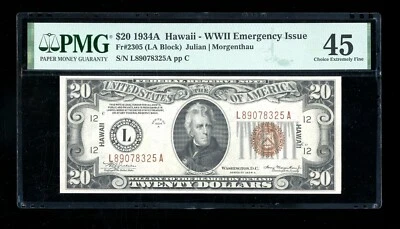 DBR 1934-A $20 FRN Hawaii LA Block Fr. 2305 PMG 45 Serial L89078325A - Image 1 of 2