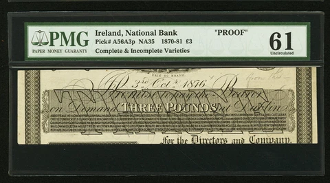 Ireland National Bank Limited 3 Pounds 3.10.1876 Pick A56A3p PMG Uncirculated 61 Cover