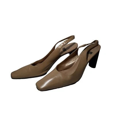 Vintage Stuart Weitzman Shoes Slingback Heels Pointy Square Toe Tan 9AA 1980's - Image 1 of 4