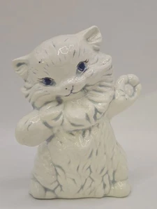 Vintage White Ceramic Fluffy Persian Himalayan Kitten Cat Blue Eyes 4.75" - Picture 1 of 6