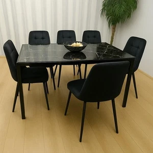 Dining Table 6 Chairs Marble Effect Glass Velvet Black Chairs Dining Furniture - Picture 1 of 1