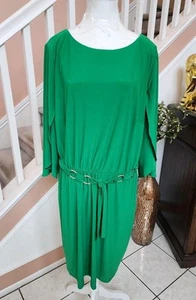 NWT CHAUS NY Kelly Green Round Neck Split 3/4 Sleeve Belted Knit Dress Sz 2X $79 - Picture 1 of 16