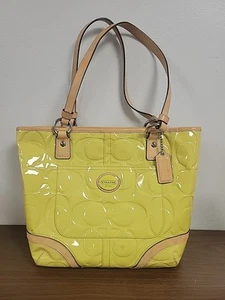Coach F22322 Peyton Patent Leather Embossed Logo Yellow Purse Handbag Tote - Picture 1 of 13