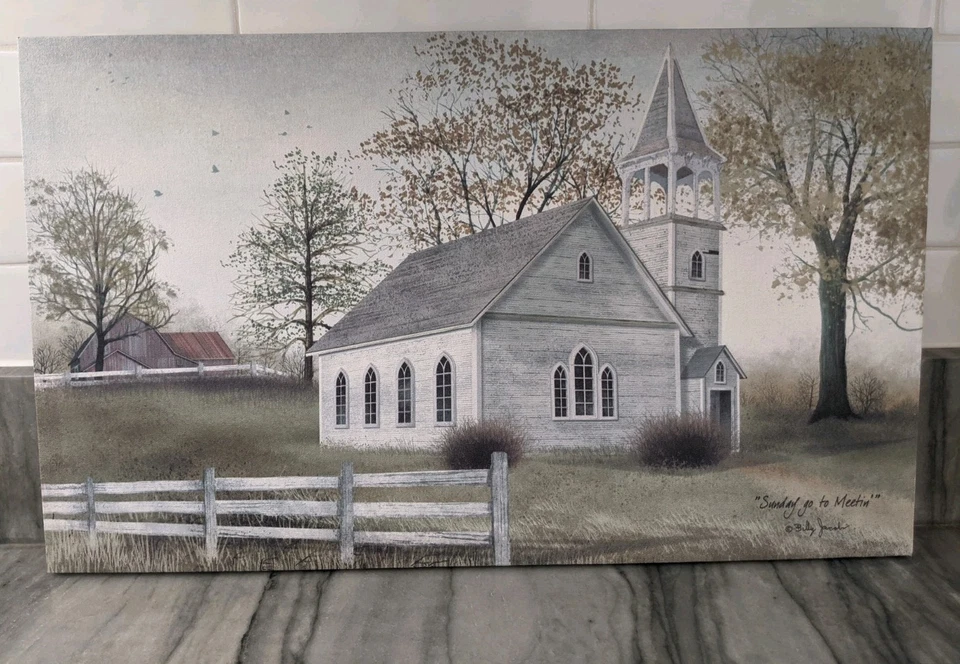 Billy Jacobs "Sunday go to Meetin" tela com estampa de igreja 12" X 20" arte popular natureza - Imagem 1 de 4