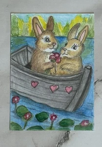 Aceo Original Art Trading Card, Hase / Hase Love Art von Sommer Rayn - Bild 1 von 3
