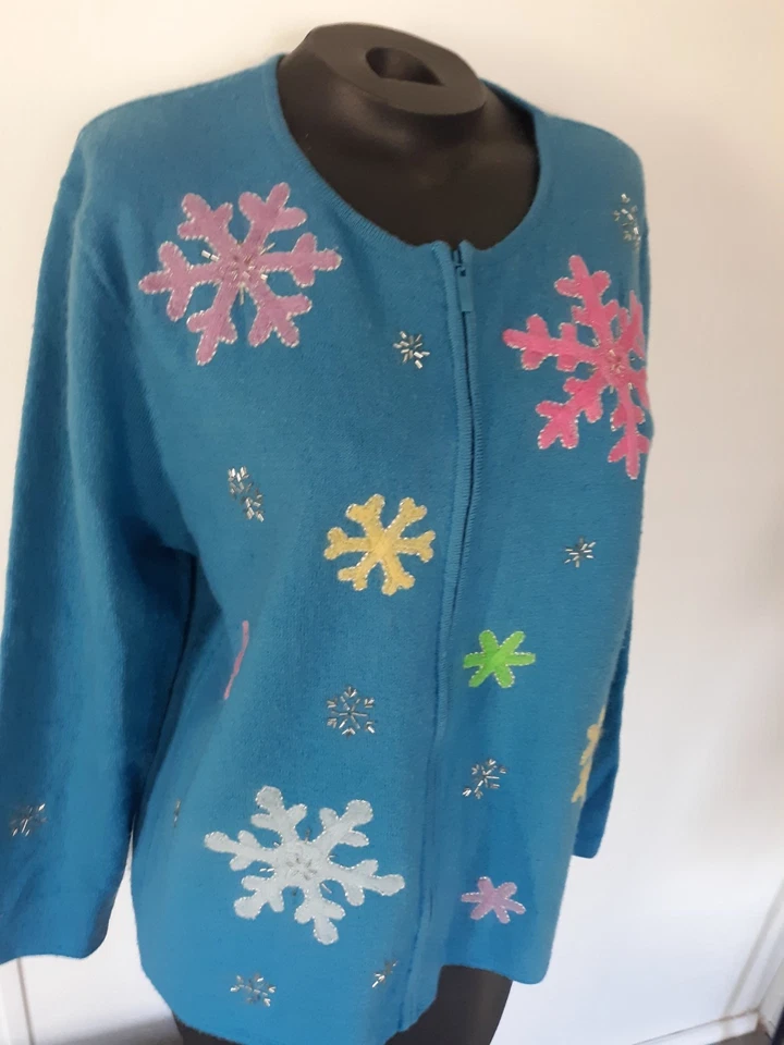 QUACKER FACTORY Vintage Turquoise Blue 100% Wool Zip Up Snowflake Sweater Sz L - Image 1 of 4