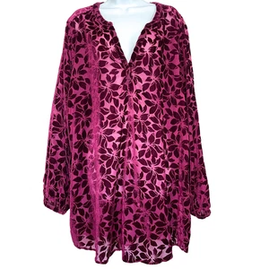 Torrid Velvet Burnout Tunic Top Womens Size 4 Magenta Pink Floral Sheer Holiday - Picture 1 of 10