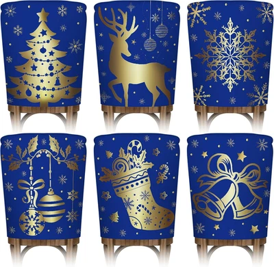 Christmas Chair Cover 6Pack Washable Snowflake Santa Chair Cover Blue Gold Decor - Image 1 of 4
