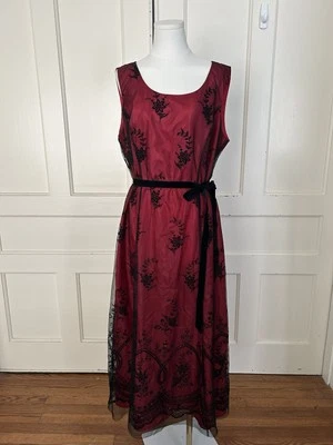 Coldwater Creek Floral Velvet Burnout Belted Midi Dress Womens Size 16 Red Black - Image 1 of 4