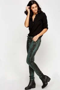 BIKE SKINNY MOCK CROCK MID RISE WAX EFFECT STRETCHY BELTED JEANS GREEN 221  - Picture 1 of 1