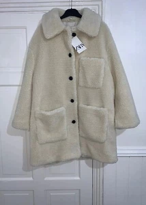 ZARA ECRU FAUX SHEARLING LAPEL COLLAR COAT WITH PATCH POCKETS SIZE M BNWT - Picture 1 of 8