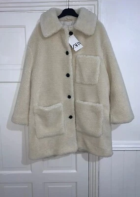 ZARA ECRU FAUX SHEARLING LAPEL COLLAR COAT WITH PATCH POCKETS SIZE M BNWT - Image 1 of 4