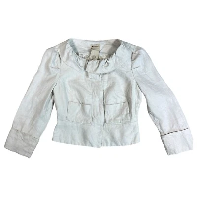 Chaqueta Blazer Elevenses By Anthropologie Lino Volantes Beige Abotonada Talla 0 Foto 1 de 4
