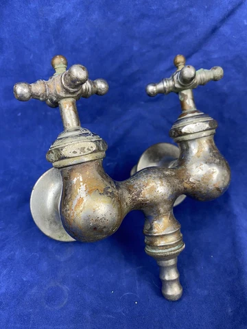C.1900 Bathtub Faucet w/ Shower Spout, Brass w/ Nickelplate, Helicopter Handles Cover