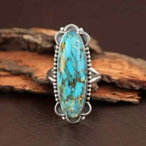 925 Silver Natural Turquoise Oval Women New Rings Cabochon Gemstone Jewelry R-20 - Picture 1 of 7