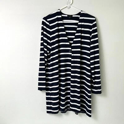 J Jill Wearever Cardigan Size L Navy White Stripe Pockets Long Sleeve One Button - Image 1 of 4