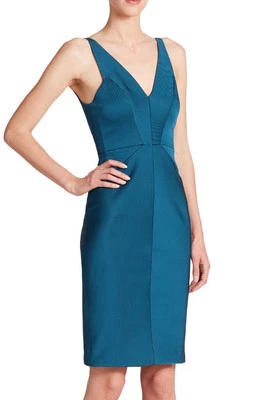 ML Monique Lhuillier 'Otomana' ~ Vestido Vaina Azul Doble V Texturizado 2 NUEVO $398 Foto 1 de 4