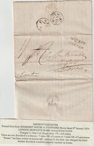 1834 TRASPOSTO A MANO MISSENT TO EXETER 3/LINE PMK STAMPATO LONDRA LETTERA A STOWFORD - Foto 1 di 5