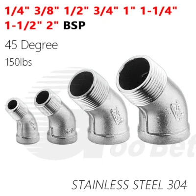 Stainless Steel 45° Elbow Equal 1/4"-2" BSP Male Female Thread Pipe Fittings 304 - Image 1 of 4
